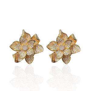 Brinco Folheado Ouro 18k e Prata 925 Flor Cravejada