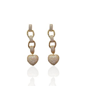 Brinco Folheado Ouro 18k e Prata 925 Elos Coração Cravejado