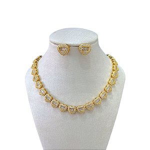 Conjunto Folheado Ouro 18k e Prata 925 Inspired Corações Cravejado