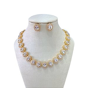 Conjunto Folheado Ouro 18k e Prata 925 Inspired Oval Cravejado