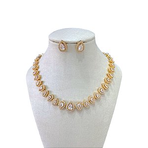 Conjunto Folheado Ouro 18k e Prata 925 Inspired Mimi Gotas Cravejada