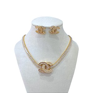 Conjunto Folheado Ouro 18k e Prata 925 Riviera X Cravejado