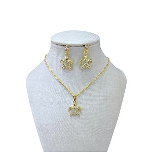 Conjunto Folheado Ouro 18k Tartaruga Strass