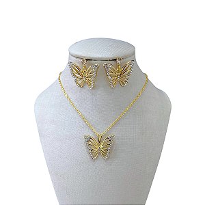 Conjunto Folheado Ouro 18k Borboleta Strass
