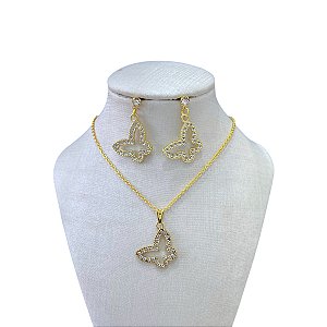 Conjunto Folheado Ouro 18k Borboleta Vazada Strass