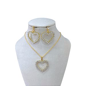 Conjunto Folheado Ouro 18k Coração Vazado Strass