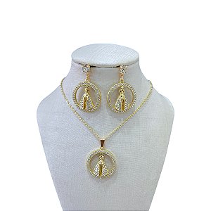 Conjunto Folheado Ouro 18k Nossa Senhora Strass
