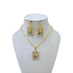 Conjunto Folheado Ouro 18k Nossa Senhora Strass