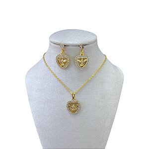 Conjunto Folheado Ouro 18k Coração Espírito Santo Strass