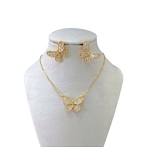 Conjunto Folheado Ouro 18k e Prata 925 Borboleta Cravejada