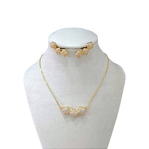 Conjunto Folheado Ouro 18k e Prata 925 Trevos Cravejado
