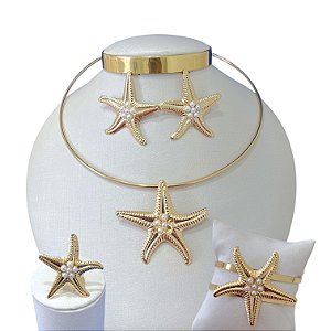 Conjunto Aro Bijuteria Dourado e Prata Sereismo Estrela Pérolas