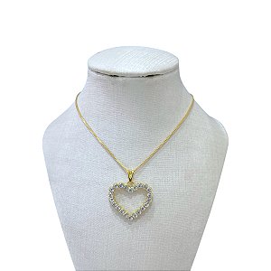 Colar Folheado Ouro 18k Coração Vazado Strass