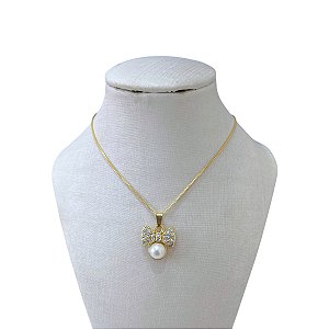 Colar Folheado Ouro 18k Laço Pérola Strass