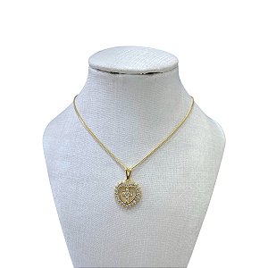 Colar Folheado Ouro 18k Coração Cruz Strass