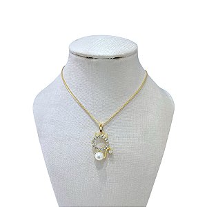 Colar Folheado Ouro 18k Gato Pérola Strass