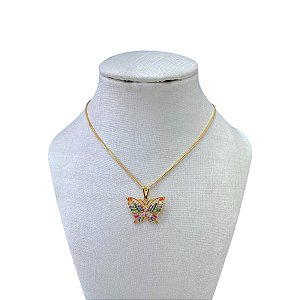 Colar Folheado Ouro 18k Borboleta Cravejada