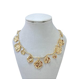 Colar Bijuteria Dourado e Prata Discos Martelado