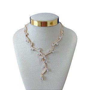 Colar Folheado Ouro 18k e Prata 925 Riviera Folhas Cravejada
