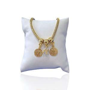 Pulseira Folheada Ouro 18k Malha São Bento Ponto de Luz Fé