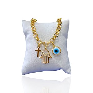 Pulseira Folheada Ouro 18k Elos Português Mão de Hamsá Olho e Cruz