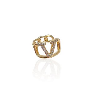 Piercing Fake Folheado Ouro 18k e Prata 925 V Inspired Cravejado