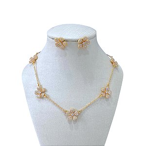 Conjunto Folheado Ouro 18K e Prata 925 Flor Cravejada