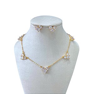 Conjunto Folheado Ouro 18k Corações Cravejado