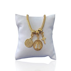 Pulseira Folheada Ouro 18k Malha Nossa Senhora Pai Nosso Cruz Cravejada