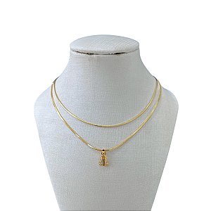 Choker Dupla Folheada Ouro 18k e Prata 925 Laminada Nossa Senhora Cravejada