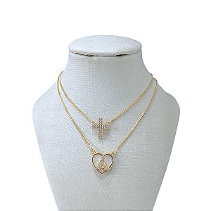 Colar Escapulário Folheado Ouro 18k e Prata 925 Nossa Senhora Madrepérola Cruz Cravejada