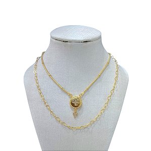 Colar Duplo Folheado Ouro 18k Elos Corações Espírito Santo