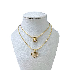 Colar Duplo Folheado Ouro 18k Laminada Fé Nossa Senhora Cravejada