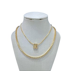 Colar Duplo Folheado Ouro 18k Laminada Riviera Nossa Senhora Cravejada