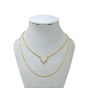Colar Duplo Folheado Ouro 18k Bolinhas V Cravejado