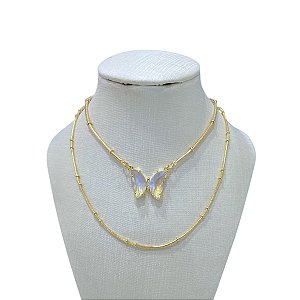 Colar Duplo Folheado Ouro 18k Bolinhas Borboleta Cristal