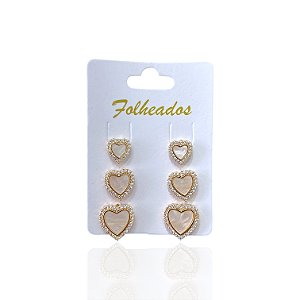 Trio Brincos Folheado Ouro 18k e Prata 925 Coração Madrepérola Cravejado