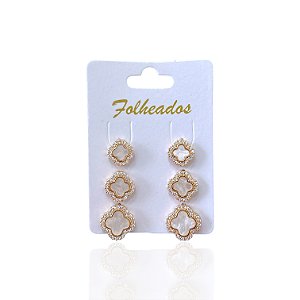Trio Brincos Folheado Ouro 18k e Prata 925 Trevo Madrepérola Cravejado