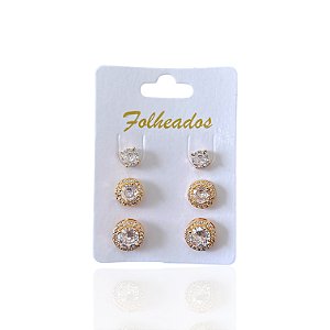 Trio Brincos Folheado Ouro 18k e Prata 925 Redondo Cristal Cravejado