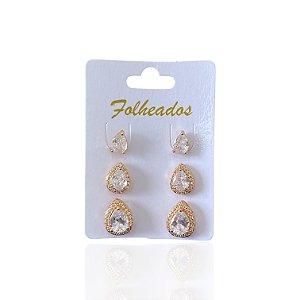 Trio Brincos Folheado Ouro 18k e Prata 925 Gota Cristal Cravejado