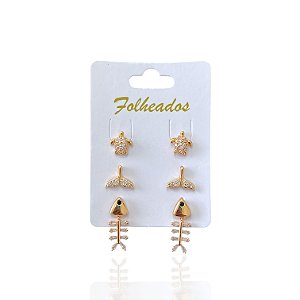 Trio Brincos Folheado Ouro 18k e Prata 925 Sereismo Tartaruga Cravejado