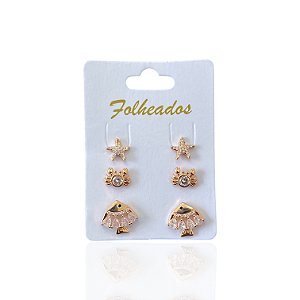 Trio Brincos Folheado Ouro 18k e Prata 925 Sereismo Estrela Cravejado