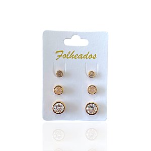 Trio Brincos Folheado Ouro 18k e Prata 925 Redondo Cristal
