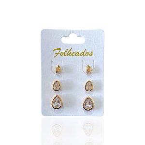 Trio Brincos Folheado Ouro 18k e Prata 925 Gota Cristal
