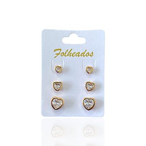 Trio Brincos Folheado Ouro 18k e Prata 925 Coração Cristal