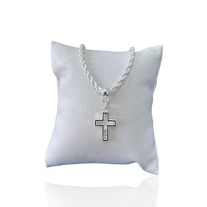 Pulseira Folheada Prata 925 Cordão Baiano Cruz Cravejada