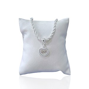 Pulseira Folheada Prata 925 Cordão Baiano Coração Love Cravejado