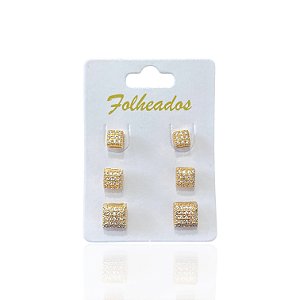 Trio Brincos Folheado Ouro 18k e Prata 925 Quadrado Cravejado