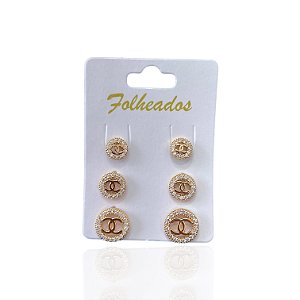 Trio Brincos Folheado Ouro 18k e Prata 925 Inspired Redondo X Cravejado