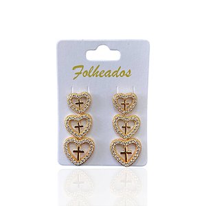 Trio Brincos Folheado Ouro 18k e Prata 925 Coração Cruz Cravejada